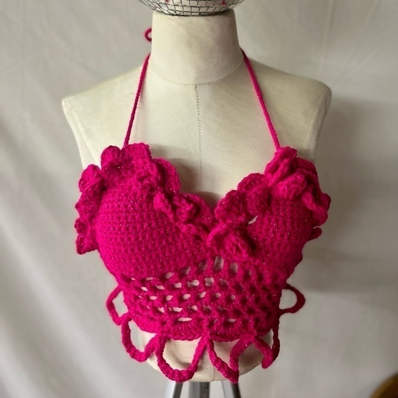 HOT PINK CROCHETED FESTIVAL OR SWIM TOP - Picture 4 of 8